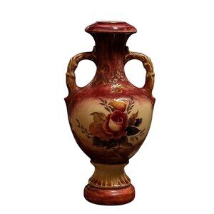 Antique Ceramic Vase Dual Handles Floral Design 12.5" Vintage Home Decor MX01-E